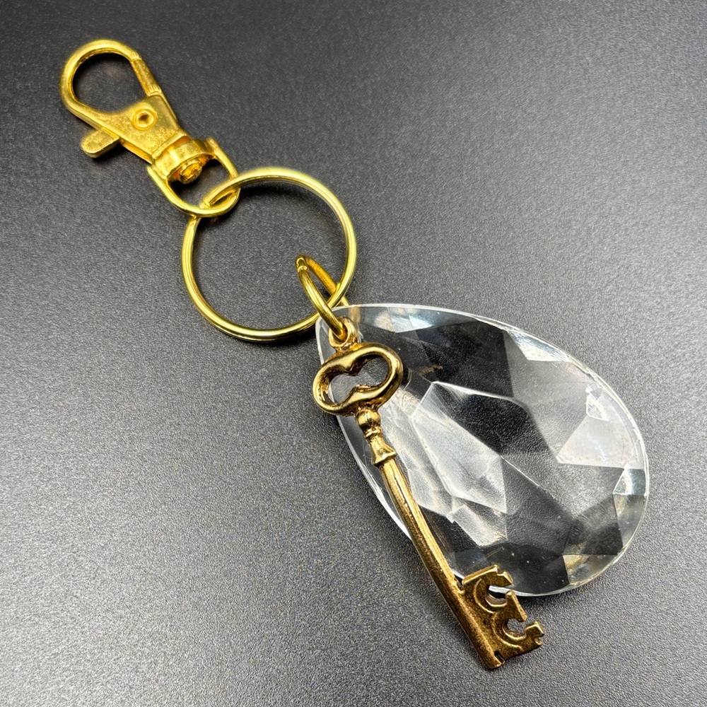 Gold Key and Crystal Bag Charm Keychain Purse Jewelry OOAK